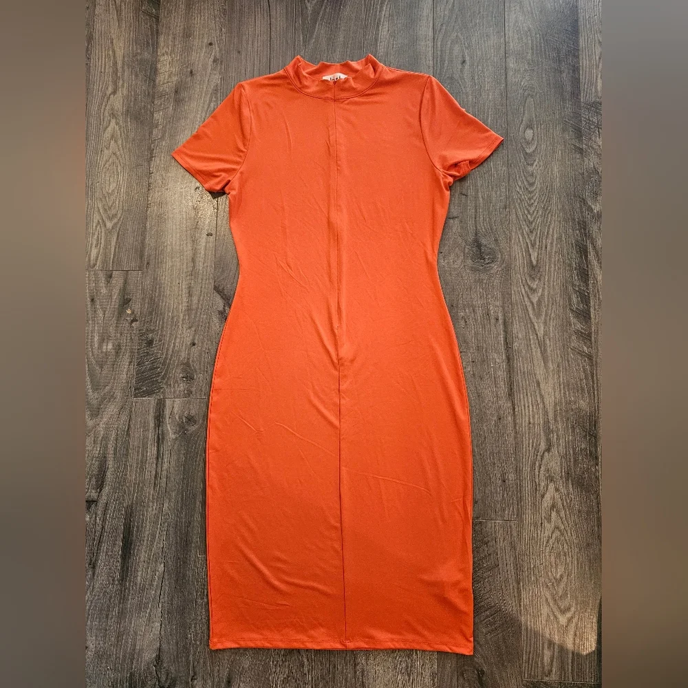Women's szL Elegant Orange Zippered Midi Dress Body Hugging Fall Festival Career